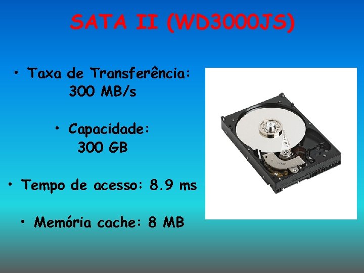 SATA II (WD 3000 JS) • Taxa de Transferência: 300 MB/s • Capacidade: 300