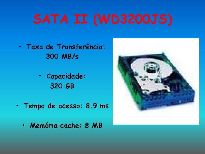 SATA II (WD 3200 JS) • Taxa de Transferência: 300 MB/s • Capacidade: 320