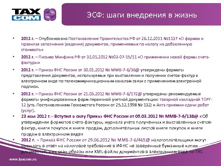 ЭСФ: шаги внедрения в жизнь • 2012 г. – Опубликовано Постановление Правительства РФ от