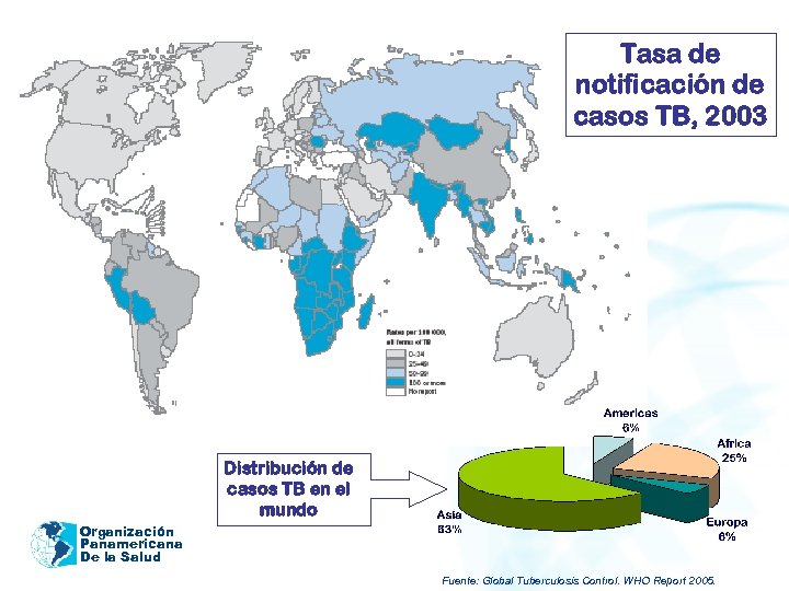 Tasa de notificación de casos TB, 2003 Distribución de casos TB en el mundo