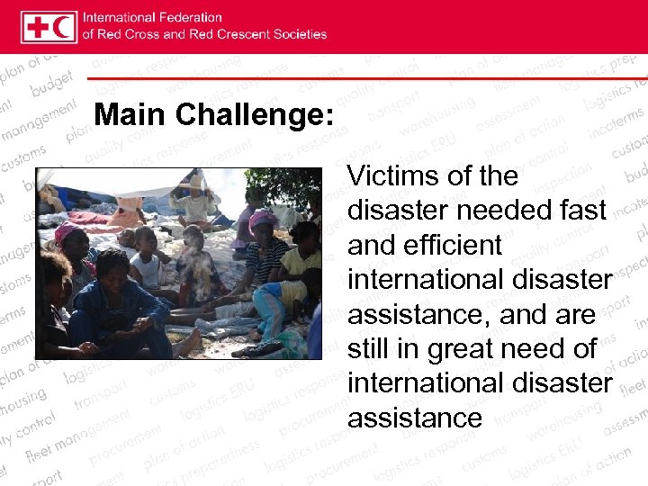 Main Challenge: Victims of the disaster needed fast and efficient international disaster assistance, and