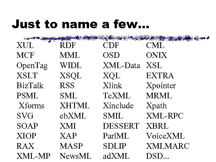 Just to name a few… XUL MCF Open. Tag XSLT Biz. Talk PSML Xforms