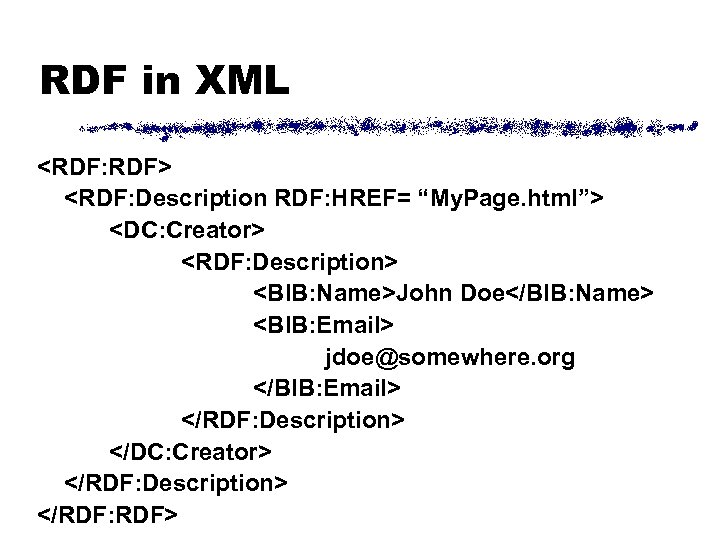 RDF in XML <RDF: RDF> <RDF: Description RDF: HREF= “My. Page. html”> <DC: Creator>