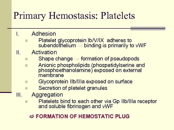 Primary Hemostasis: Platelets Adhesion I. n Platelet glycoprotein Ib/V/IX adheres to subendothelium binding is