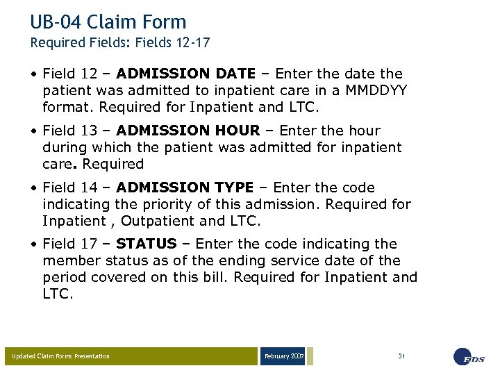 UB-04 Claim Form Required Fields: Fields 12 -17 • Field 12 – ADMISSION DATE