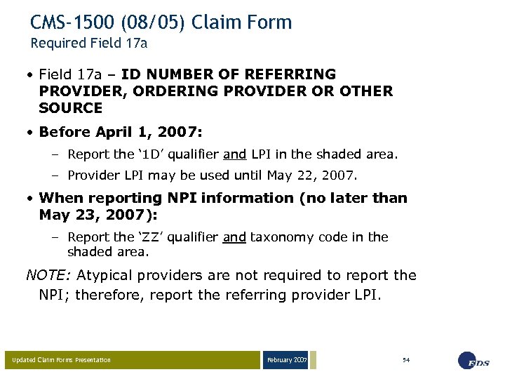 CMS-1500 (08/05) Claim Form Required Field 17 a • Field 17 a – ID