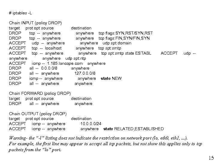 # iptables -L Chain INPUT (policy DROP) target prot opt source destination DROP tcp