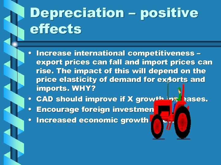Depreciation – positive effects • Increase international competitiveness – export prices can fall and
