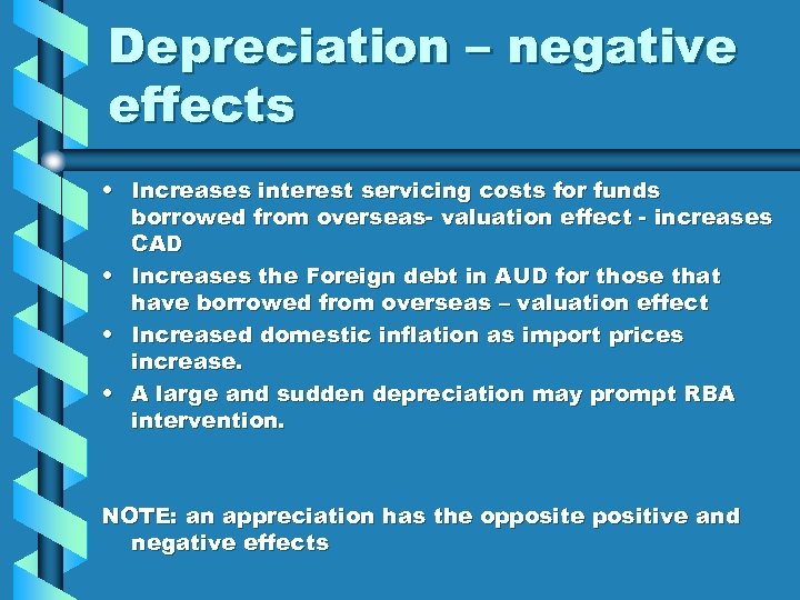 Depreciation – negative effects • Increases interest servicing costs for funds borrowed from overseas-