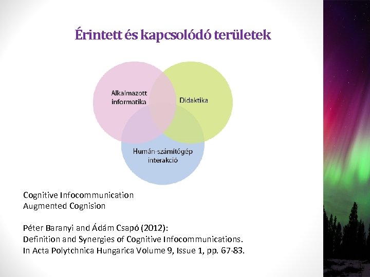 Érintett és kapcsolódó területek Cognitive Infocommunication Augmented Cognision Péter Baranyi and Ádám Csapó (2012):