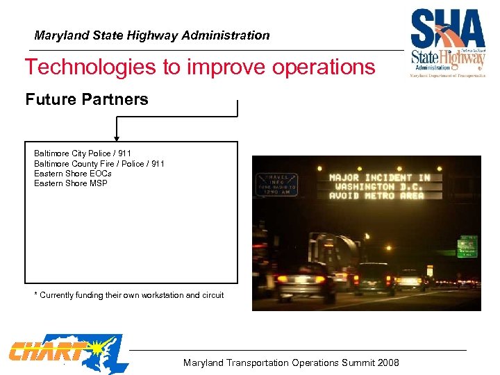 Maryland State Highway Administration Technologies to improve operations Future Partners Baltimore City Police /