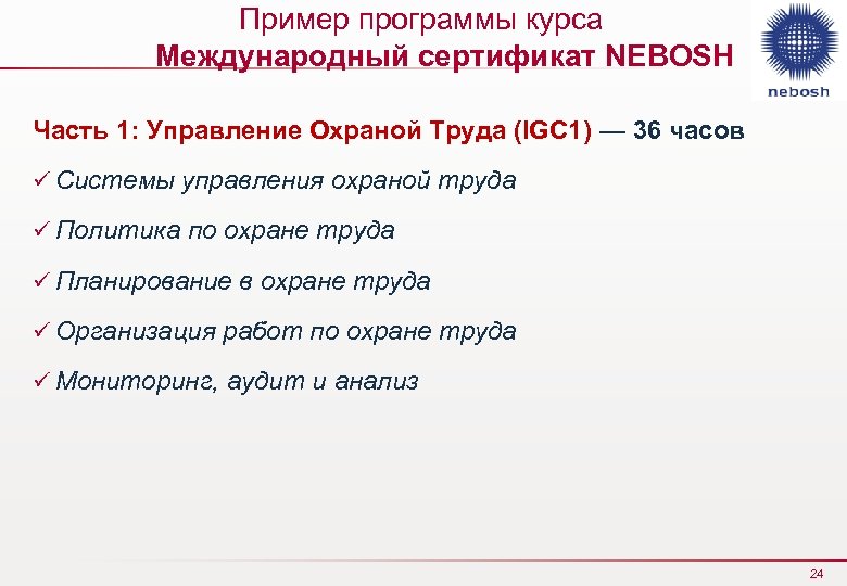 Пример программы курса Международный сертификат NEBOSH Часть 1: Управление Охраной Труда (IGC 1) —
