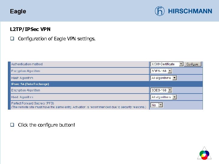 Eagle L 2 TP/IPSec VPN q Configuration of Eagle VPN settings. q Click the