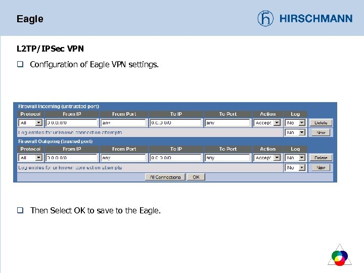Eagle L 2 TP/IPSec VPN q Configuration of Eagle VPN settings. q Then Select