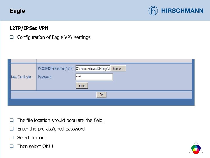 Eagle L 2 TP/IPSec VPN q Configuration of Eagle VPN settings. q The file