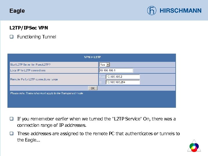 Eagle L 2 TP/IPSec VPN q Functioning Tunnel q If you rememeber earlier when