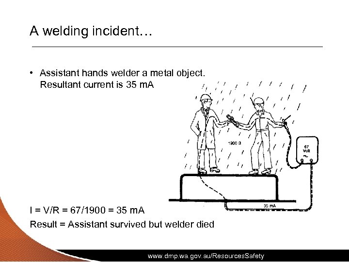 A welding incident… • Assistant hands welder a metal object. Resultant current is 35