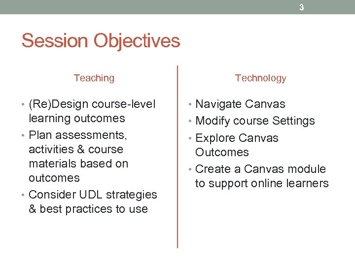3 Session Objectives Teaching Technology • (Re)Design course-level • Navigate Canvas learning outcomes •