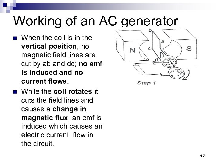 Working of an AC generator n n When the coil is in the vertical