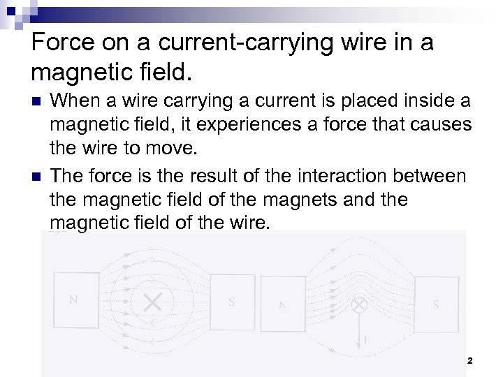 Force on a current-carrying wire in a magnetic field. n n When a wire
