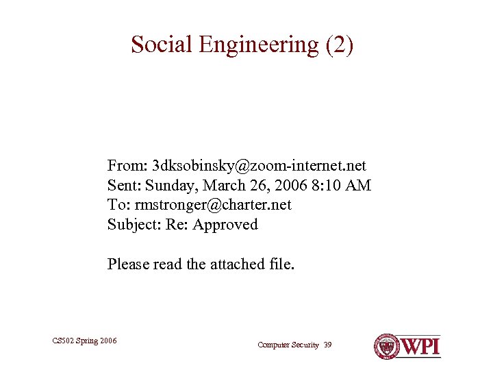 Social Engineering (2) From: 3 dksobinsky@zoom-internet. net Sent: Sunday, March 26, 2006 8: 10