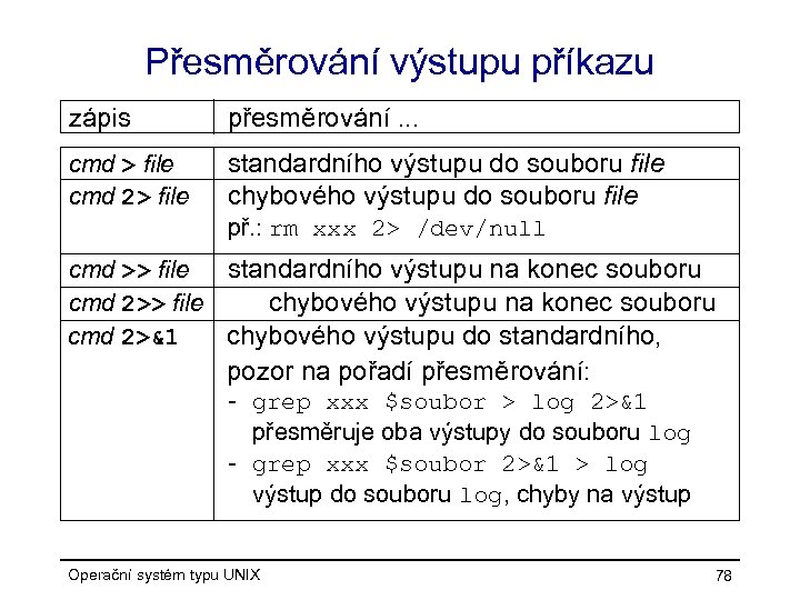 Přesměrování výstupu příkazu zápis přesměrování. . . cmd > file cmd 2> file standardního