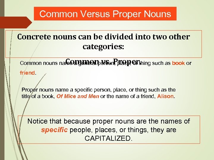 Common Versus Proper Nouns Concrete nouns can be divided into two other categories: Common