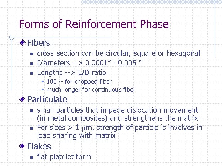 Forms of Reinforcement Phase Fibers n n n cross-section can be circular, square or