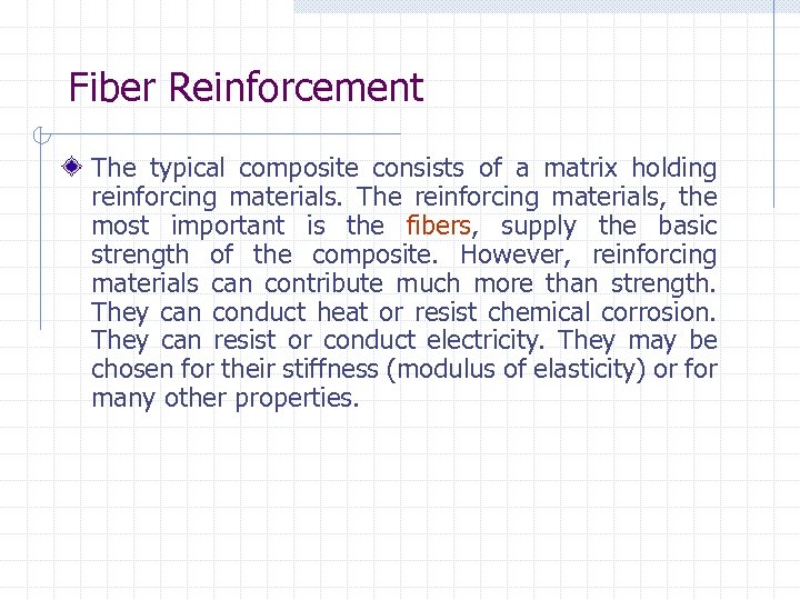 Fiber Reinforcement The typical composite consists of a matrix holding reinforcing materials. The reinforcing