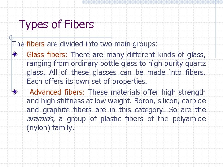 Types of Fibers The fibers are divided into two main groups: Glass fibers: There