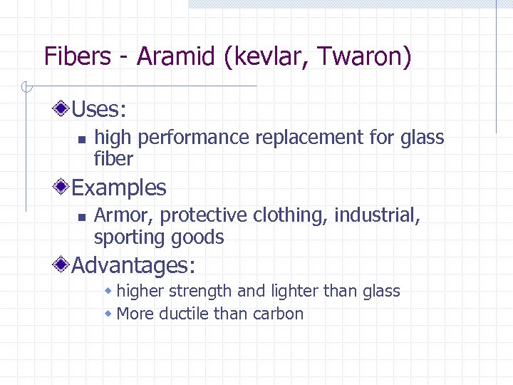 Fibers - Aramid (kevlar, Twaron) Uses: n high performance replacement for glass fiber Examples