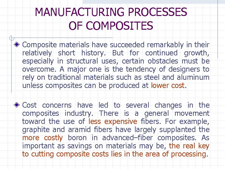 MANUFACTURING PROCESSES OF COMPOSITES Composite materials have succeeded remarkably in their relatively short history.