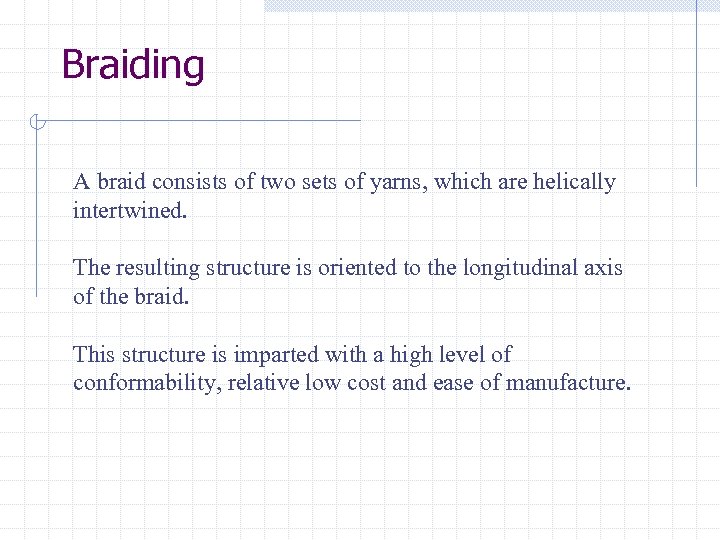 Braiding A braid consists of two sets of yarns, which are helically intertwined. The