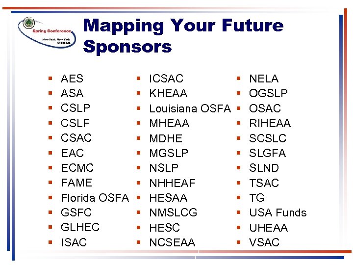 Mapping Your Future Sponsors § § § AES ASA CSLP CSLF CSAC ECMC FAME