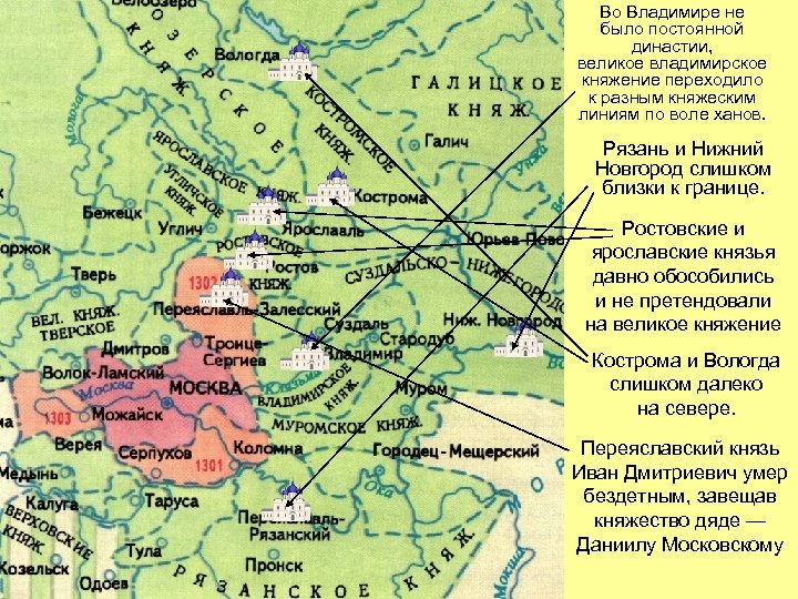 Во Владимире не было постоянной династии, великое владимирское княжение переходило к разным княжеским линиям