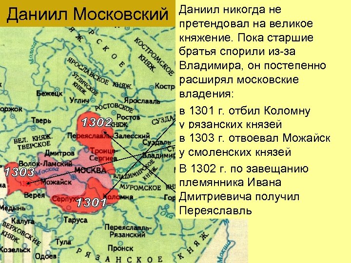 Даниил Московский Даниил никогда не претендовал на великое княжение. Пока старшие братья спорили из-за