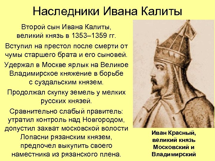 Наследники Ивана Калиты Второй сын Ивана Калиты, великий князь в 1353– 1359 гг. Вступил