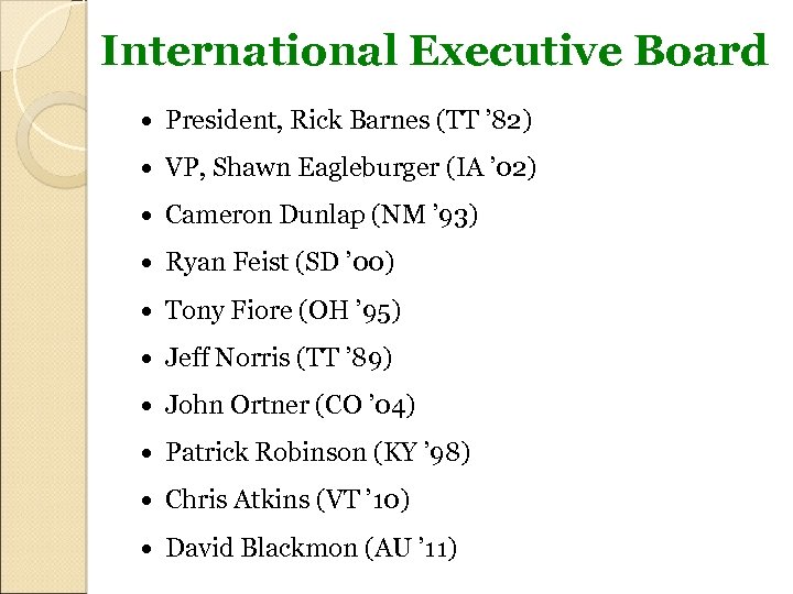 International Executive Board President, Rick Barnes (TT ’ 82) VP, Shawn Eagleburger (IA ’