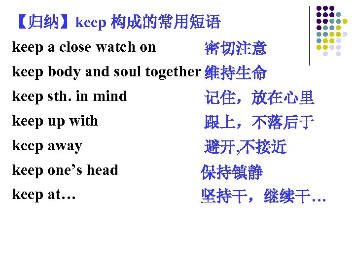 【归纳】keep 构成的常用短语 keep a close watch on 密切注意 keep body and soul together 维持生命