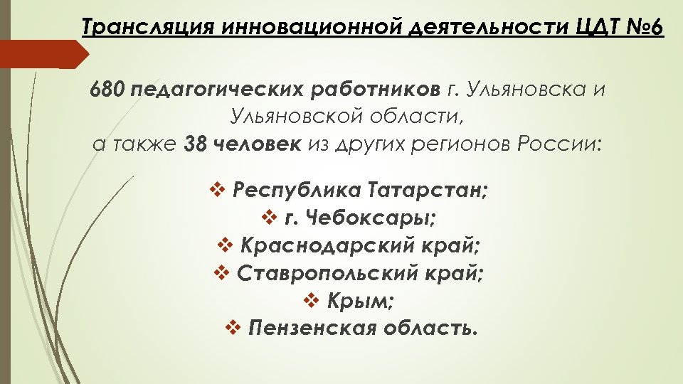 Трансляция инновационной деятельности ЦДТ № 6 680 педагогических работников г. Ульяновска и Ульяновской области,