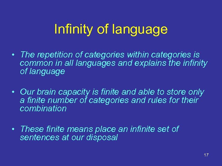 Infinity of language • The repetition of categories within categories is common in all