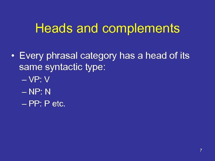 Heads and complements • Every phrasal category has a head of its same syntactic