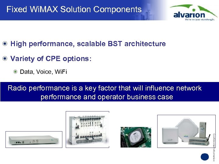 Fixed Wi. MAX Solution Components High performance, scalable BST architecture Variety of CPE options: