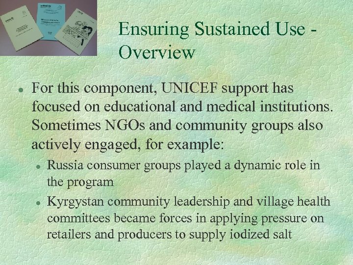 Ensuring Sustained Use Overview l For this component, UNICEF support has focused on educational