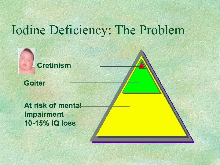 Iodine Deficiency: The Problem Cretinism Goiter At risk of mental Impairment 10 -15% IQ