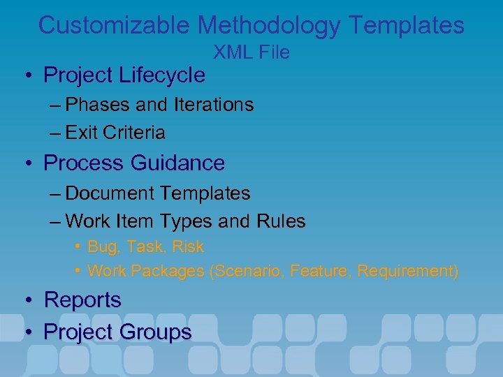 Customizable Methodology Templates • Project Lifecycle XML File – Phases and Iterations – Exit
