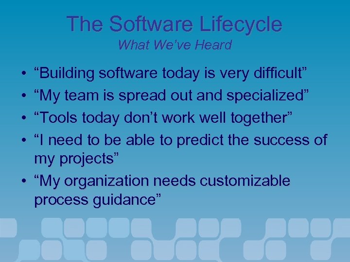 The Software Lifecycle What We’ve Heard • • “Building software today is very difficult”