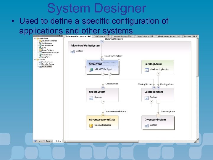 System Designer • Used to define a specific configuration of applications and other systems