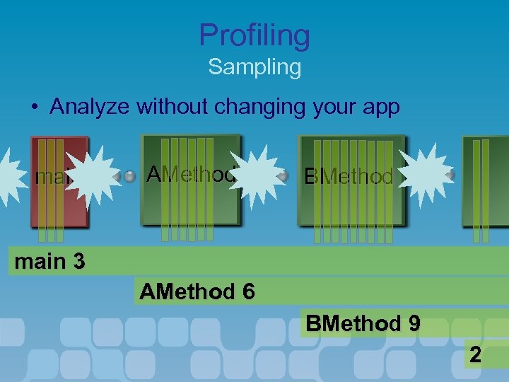 Profiling Sampling • Analyze without changing your app main AMethod BMethod main 3 AMethod