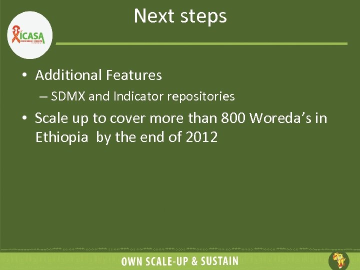 Next steps • Additional Features – SDMX and Indicator repositories • Scale up to